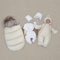 Комплект на выписку 5 предметов "Скандинавия", с опушкой, зимний, латте