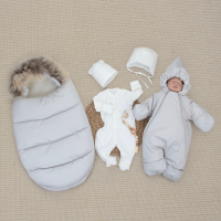 Комплект на выписку 5 предметов "Скандинавия", с опушкой, зимний, светло-серый