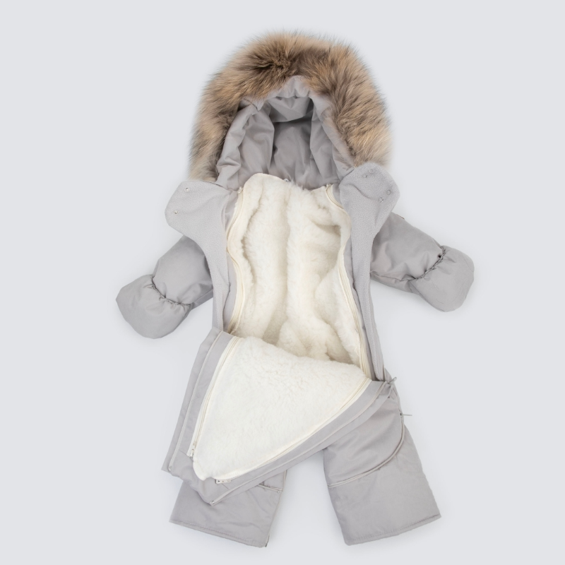 Комбинезон-трансформер "Новый Вельвет", с опушкой, с отворотами, 3 сезона, светло-серый