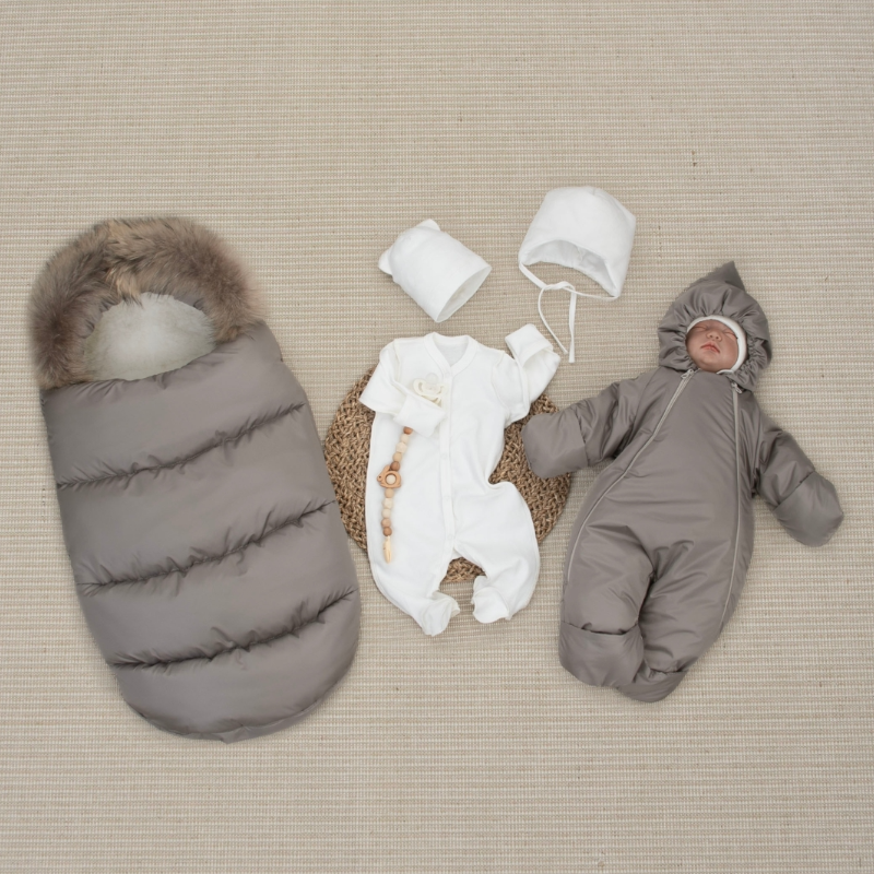 Комплект на выписку 5 предметов "Скандинавия", с опушкой, зимний, какао Комплект на выписку 5 предметов "Скандинавия", с опушкой, зимний, какао