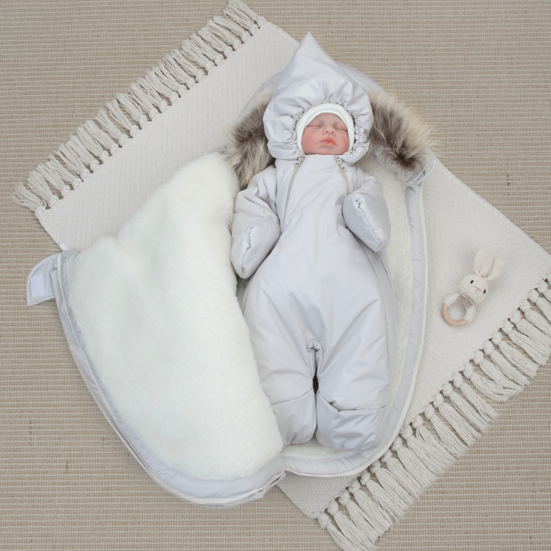 Комплект на выписку 5 предметов "Скандинавия", с опушкой, зимний, светло-серый