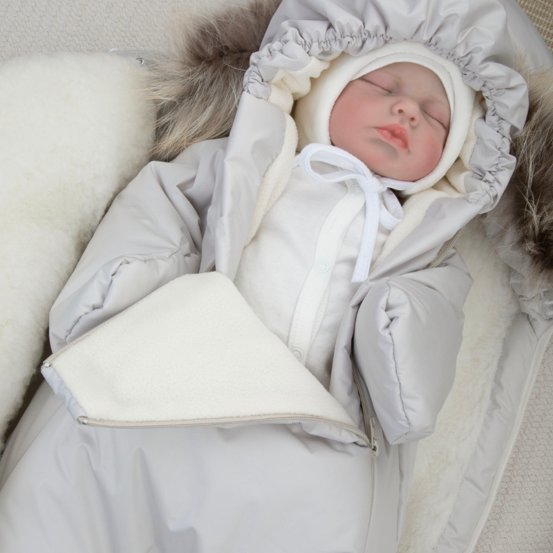 Комплект на выписку 5 предметов "Скандинавия", с опушкой, зимний, светло-серый