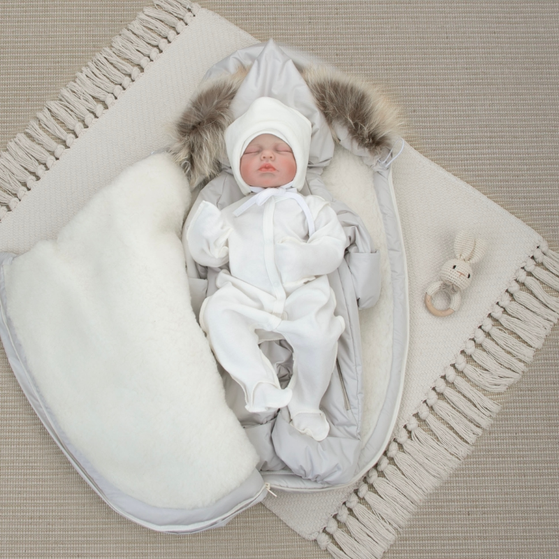 Комплект на выписку 5 предметов "Скандинавия", с опушкой, зимний, светло-серый