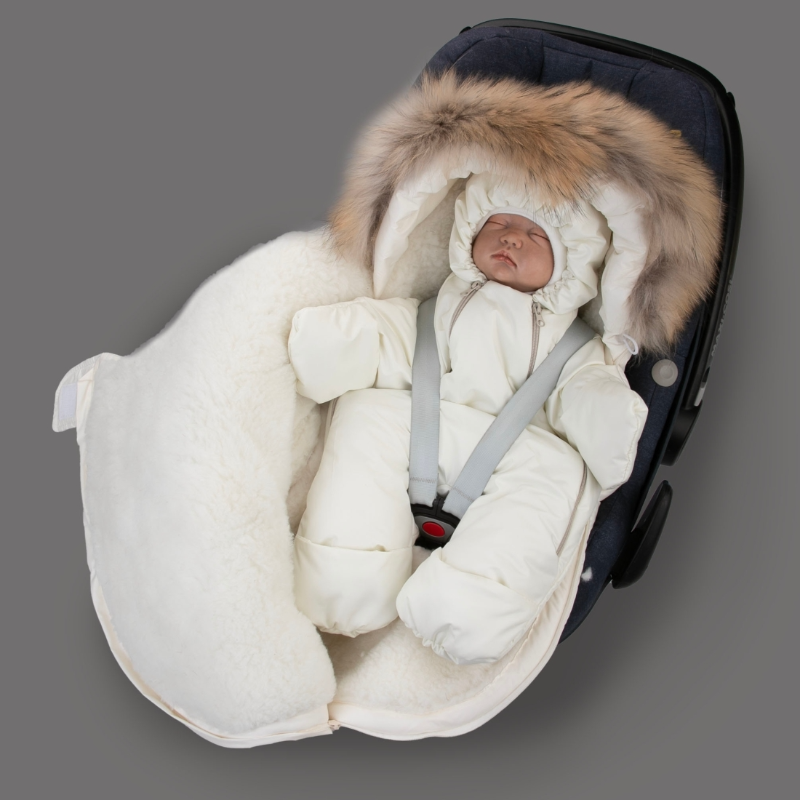 Комплект на выписку 5 предметов "Скандинавия", с опушкой, зимний, слоновая кость