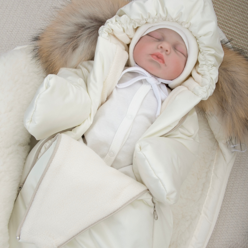 Комплект на выписку 5 предметов "Скандинавия", с опушкой, зимний, слоновая кость