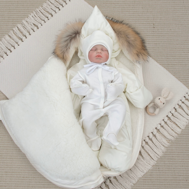 Комплект на выписку 5 предметов "Скандинавия", с опушкой, зимний, слоновая кость