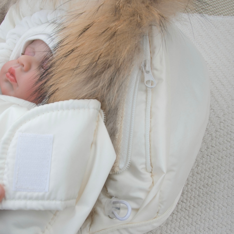 Комплект на выписку 5 предметов "Скандинавия", с опушкой, зимний, слоновая кость