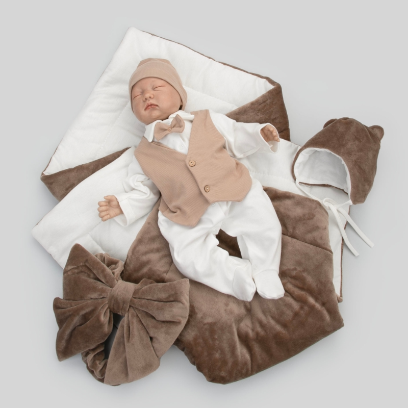 Комплект на выписку 5 предметов "Юный Джентльмен-1", демисезонный, шоколад Комплект на выписку 5 предметов "Юный Джентльмен-1", демисезонный, шоколад