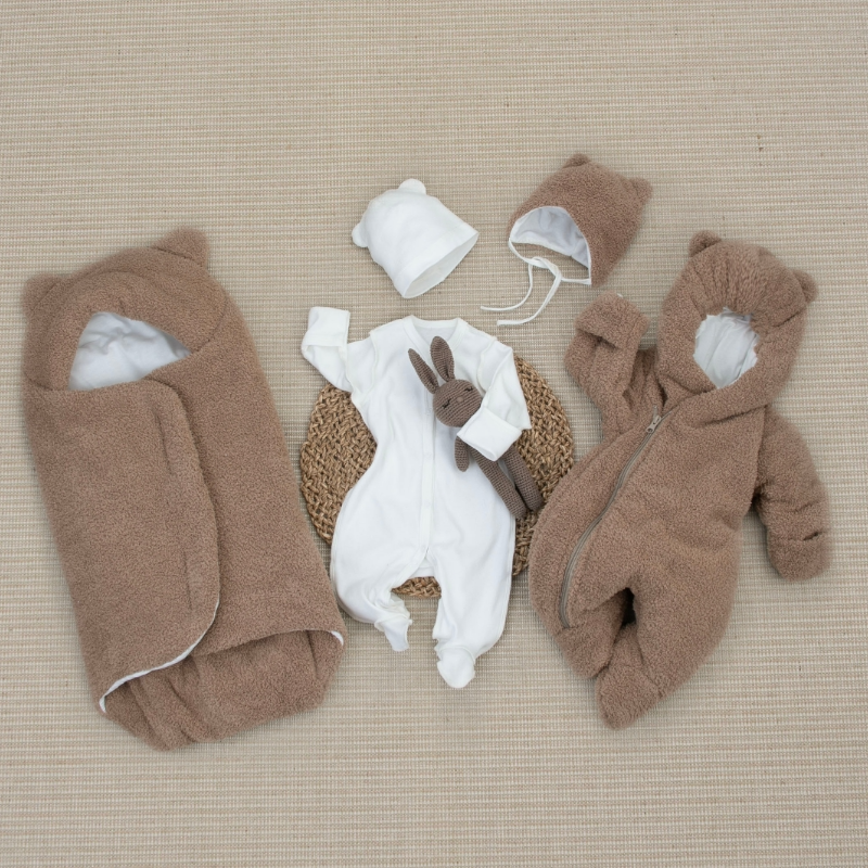 Комплект на выписку 5 предметов "Пушуня", демисезонный, бежевый Комплект на выписку 5 предметов "Пушуня", демисезонный, бежевый