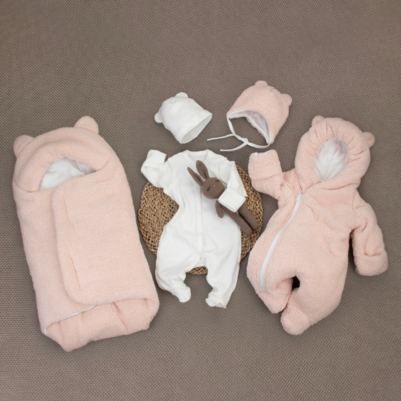 Комплект на выписку 5 предметов "Пушуня", демисезонный, пудра Комплект на выписку 5 предметов "Пушуня", демисезонный, пудра