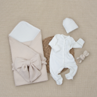 Комплект на выписку 4 предмета "Ажур.Муслин Плед", бежевый, лето