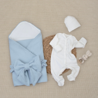 Комплект на выписку 4 предмета "Ажур.Муслин Плед", голубой, лето