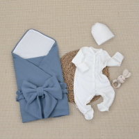 Комплект на выписку 4 предмета "Ажур.Муслин Плед", джинс, лето