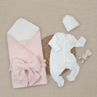 Комплект на выписку 4 предмета "Ажур.Муслин Плед", пудра, лето