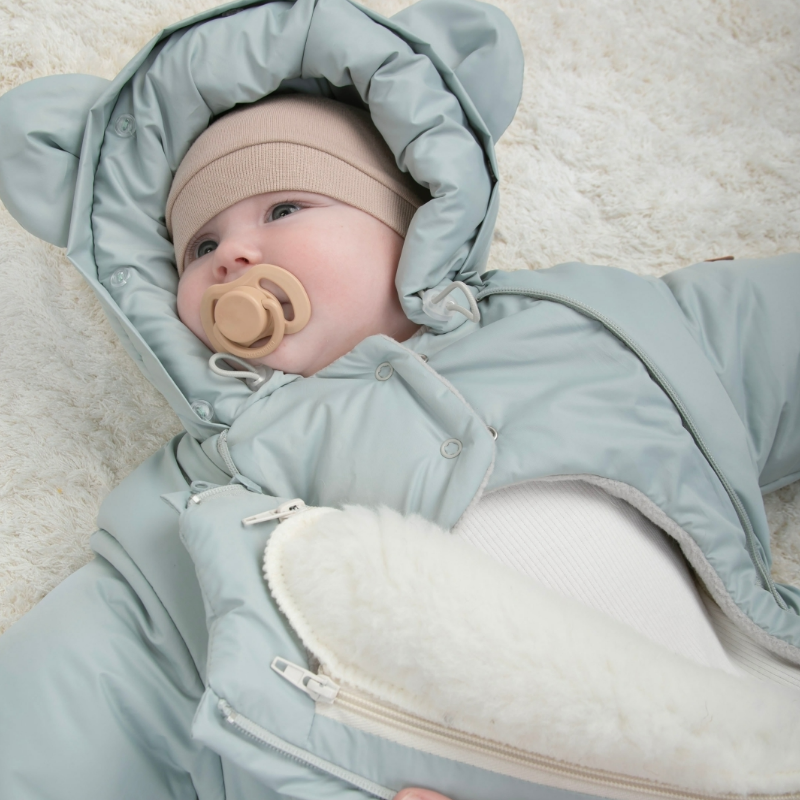 Комбинезон-трансформер "Акварель. Вышивка Медвежонок", с опушкой, с отворотами, 3 сезона, мята