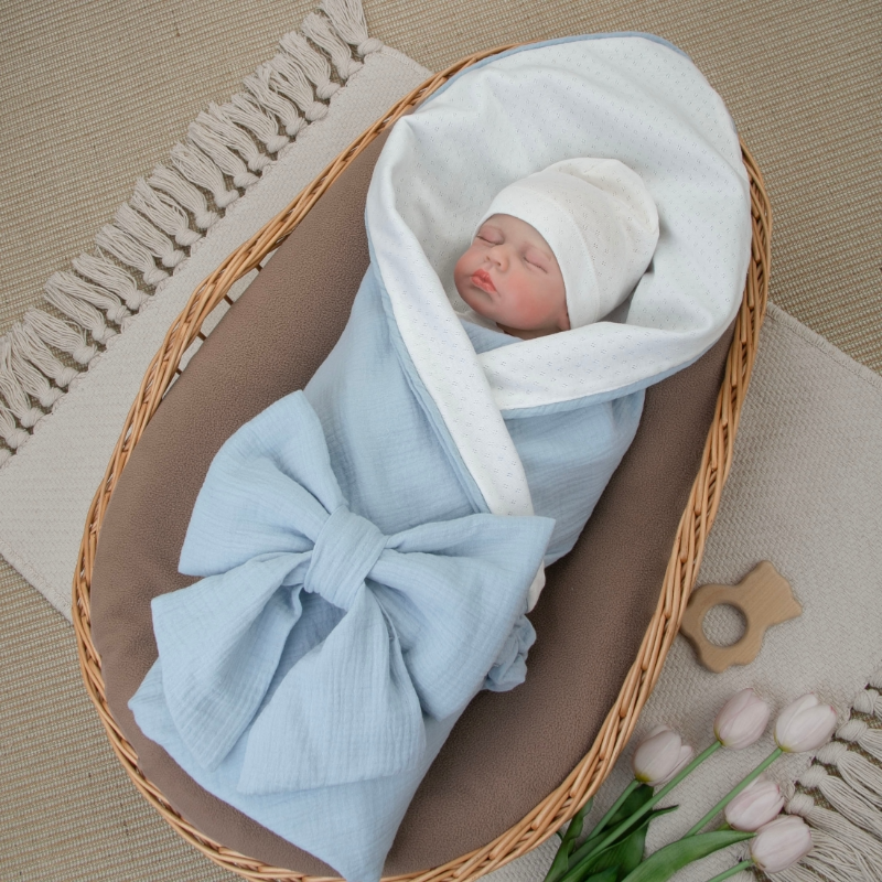 Комплект на выписку 4 предмета "Ажур.Муслин Плед", голубой, лето