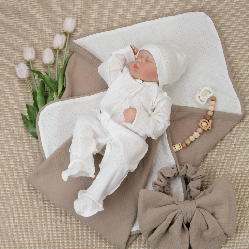 Комплект на выписку 4 предмета "Ажур.Муслин Плед", капучино, лето