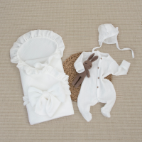 Комплект на выписку 4 предмета "Муслин Рюша.Плед", молоко, лето