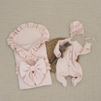 Комплект на выписку 4 предмета "Муслин Рюша.Плед", пудра, лето