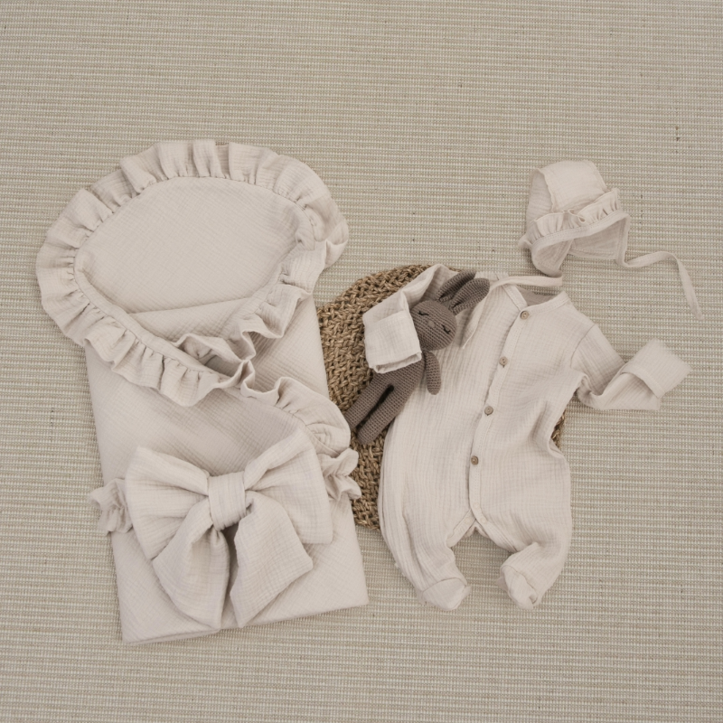 Комплект на выписку 4 предмета "Муслин Рюша.Плед", бежевый, лето