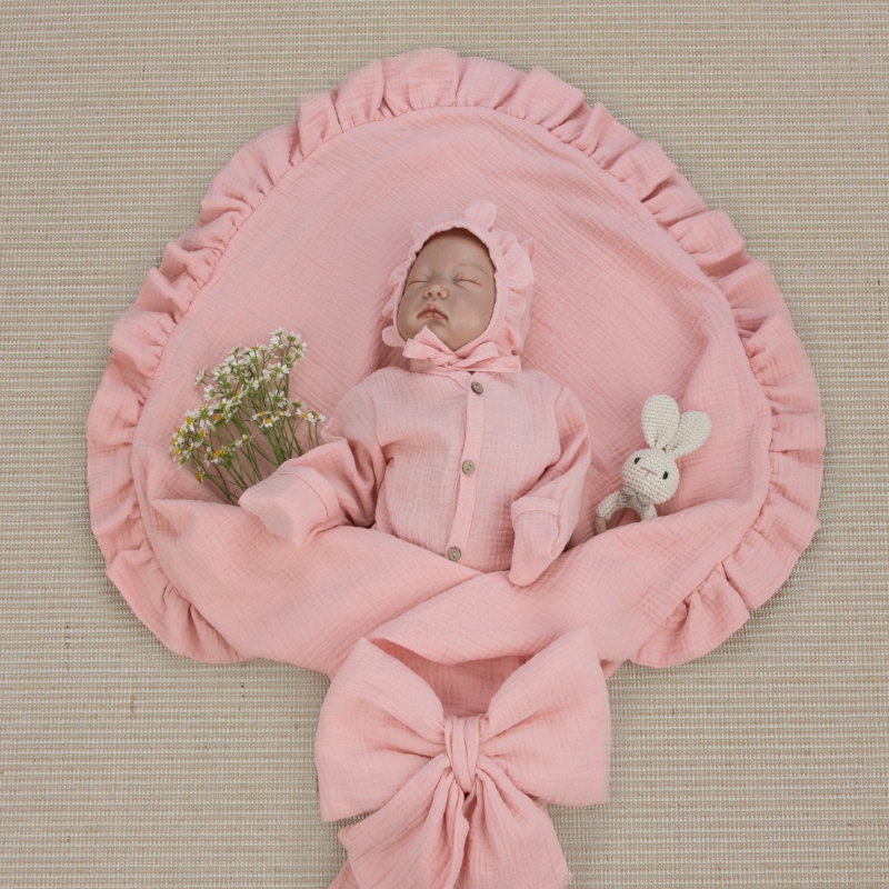 Комплект на выписку 4 предмета "Муслин Рюша.Плед", коралл, лето