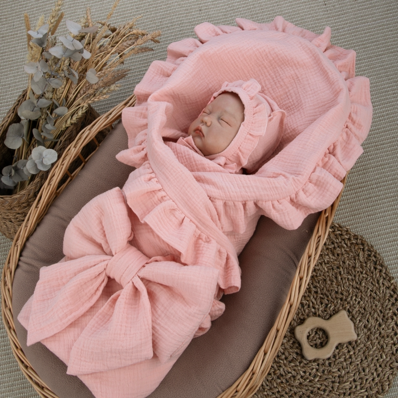 Комплект на выписку 4 предмета "Муслин Рюша.Плед", коралл, лето