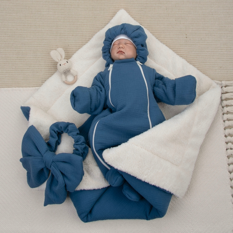 Комплект на выписку 5 предметов "Муслин", демисезонный, деним