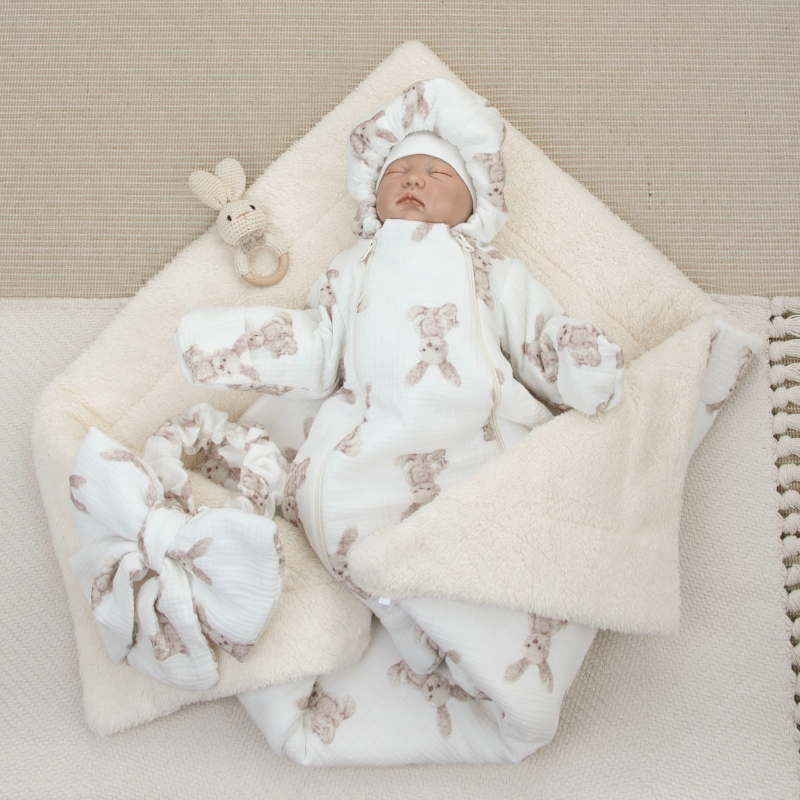 Комплект на выписку 5 предметов "Муслин", демисезонный, зайки